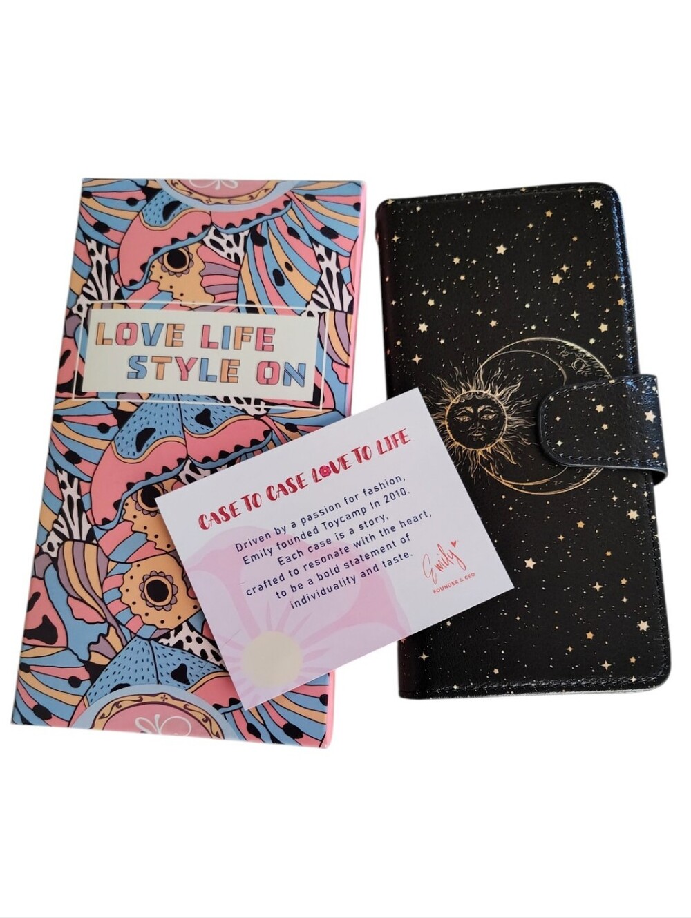 Toycamp Black Phone Carryall Open Flap Card Case With Gold Moon and Stars